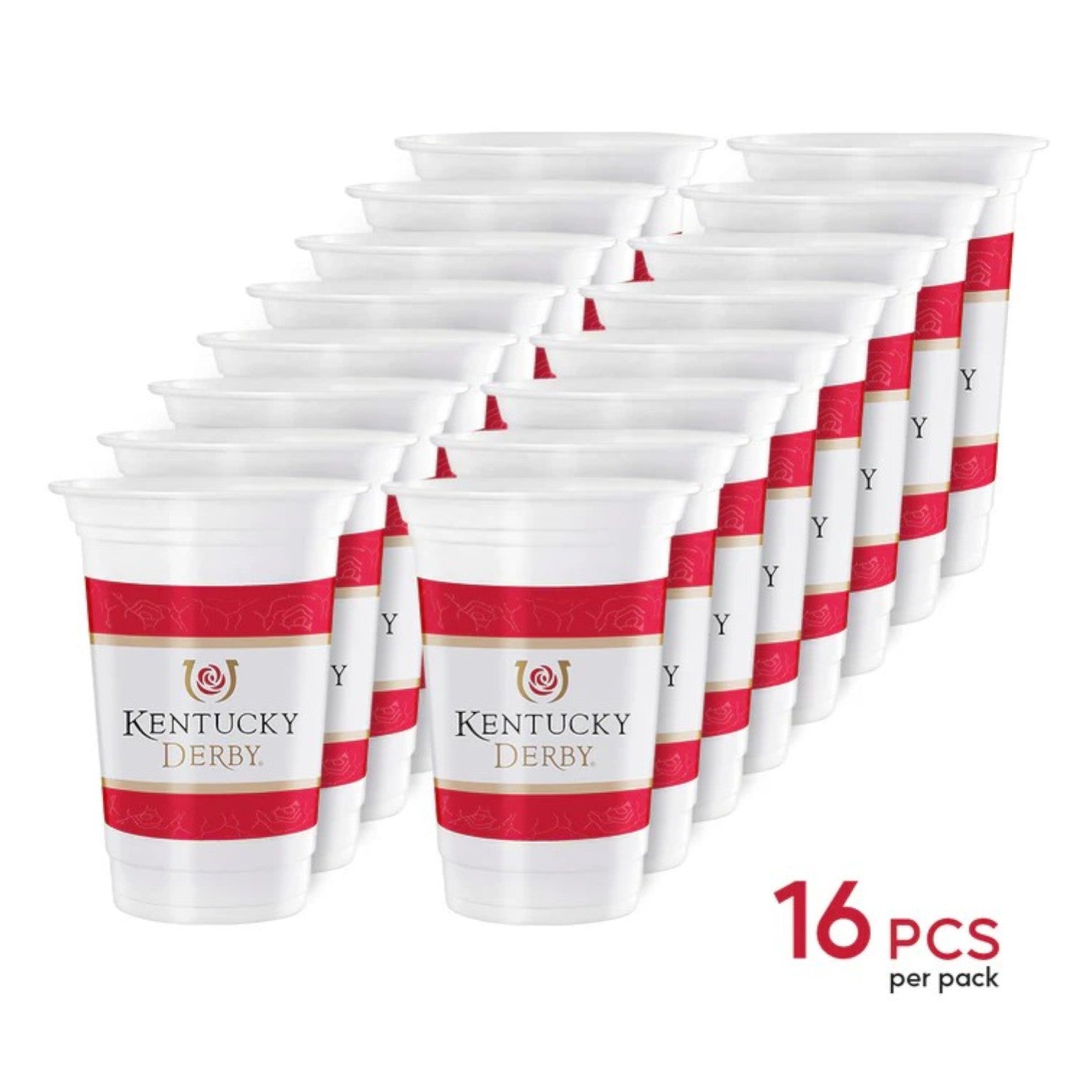 A neat stack of official Kentucky Derby Evergreen 16oz plastic cups.