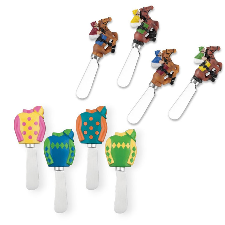 Set of four colorful horse-themed butter spreaders on a white background