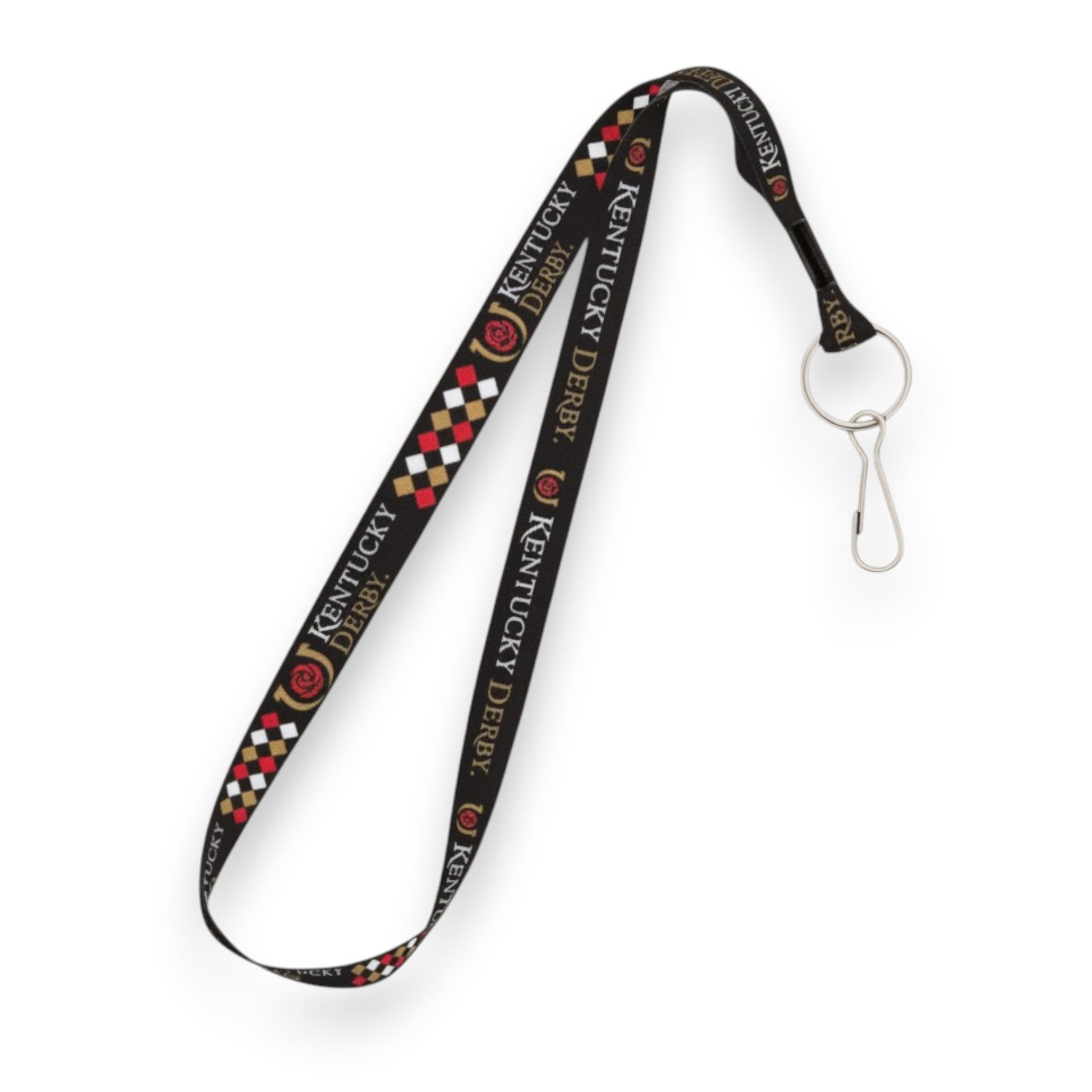A black, officially licensed Kentucky Derby lanyard with a metal J-hook, featuring the colorful Derby Icon logo printed along the strap.