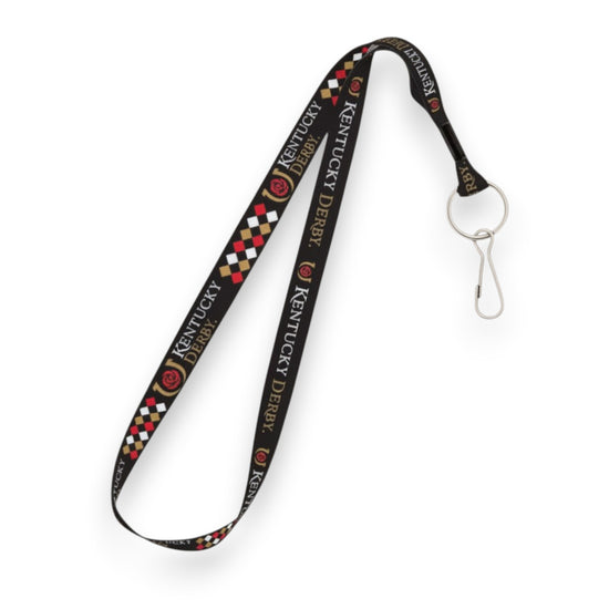 A black, officially licensed Kentucky Derby lanyard with a metal J-hook, featuring the colorful Derby Icon logo printed along the strap.