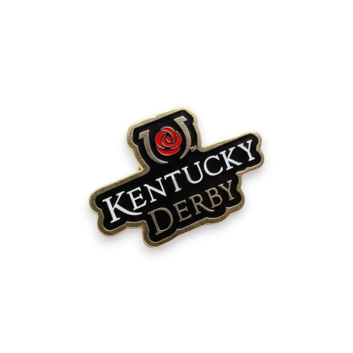 A black rectangular Kentucky Derby lapel pin with a gold border, showing the iconic gold horseshoe and red rose logo above white "KENTUCKY DERBY" text.