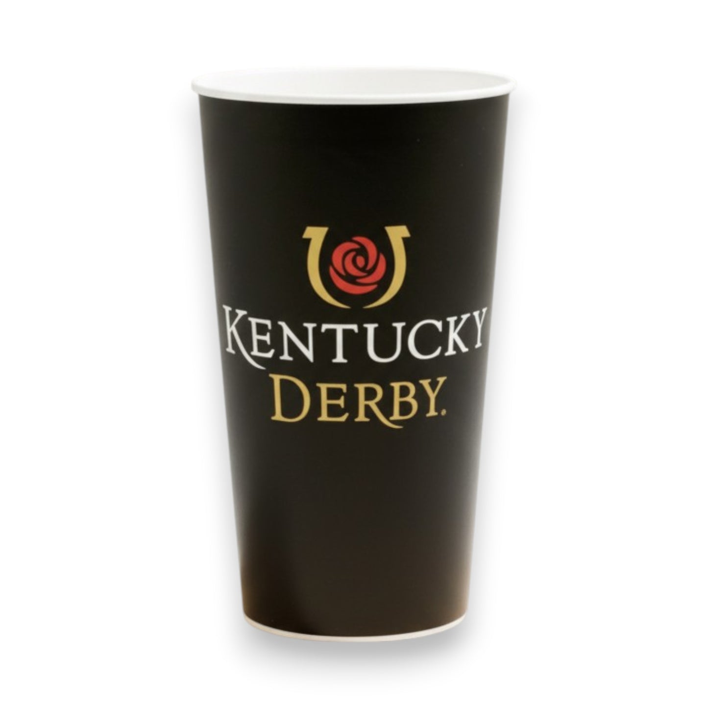 A black 32oz plastic stadium cup featuring a white rim and a central design of a gold horseshoe with a red rose and "Kentucky Derby" text.
