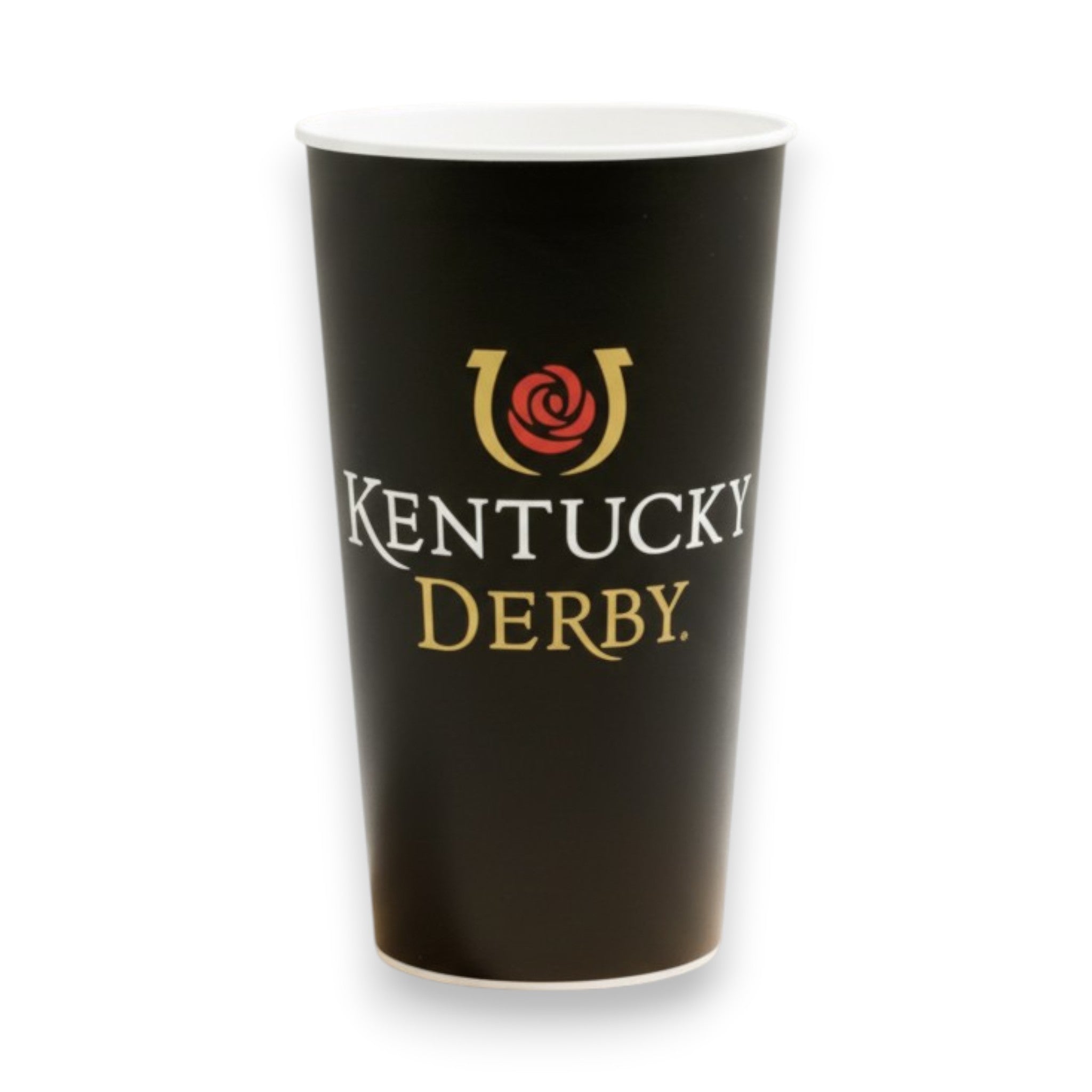 A black 32oz plastic stadium cup featuring a white rim and a central design of a gold horseshoe with a red rose and "Kentucky Derby" text.