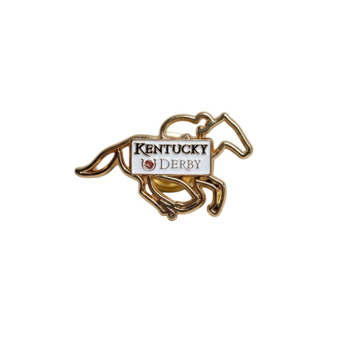 A gold-finished Kentucky Derby jewelry pin shaped like a running horse and jockey, with a central white enamel block featuring "KENTUCKY DERBY" text and a red rose logo.
