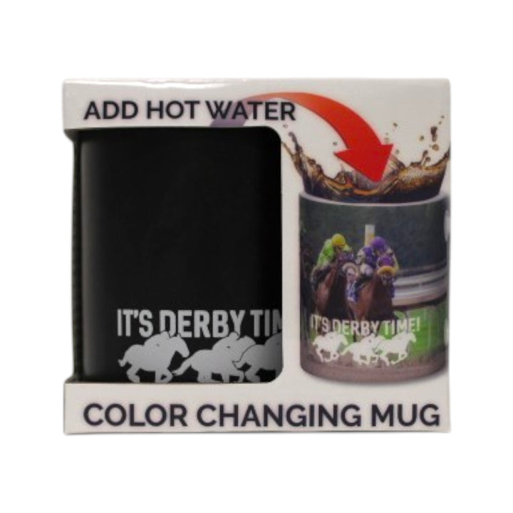 Color-changing mug packaging with horse racing design and text 'It's Derby Time!'.