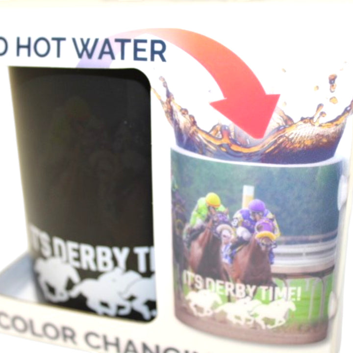 Mug with horse racing design and 'It's Derby Time!' text, next to a black mug with white horse design.