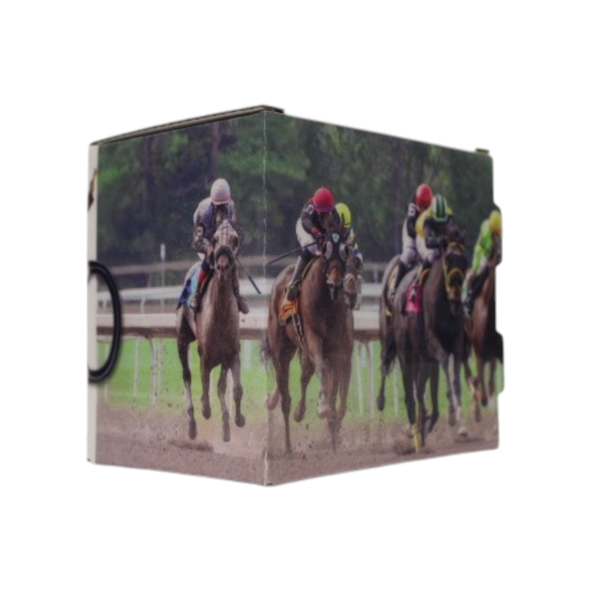 Cardboard box with a horse racing design on a white background