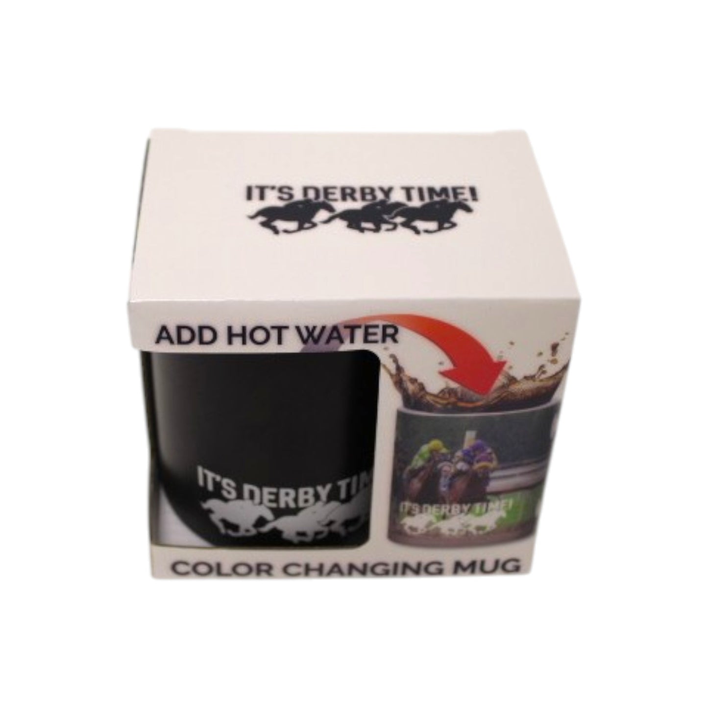 Color-changing mug in packaging with 'It's Derby Time!' text and horse graphics.