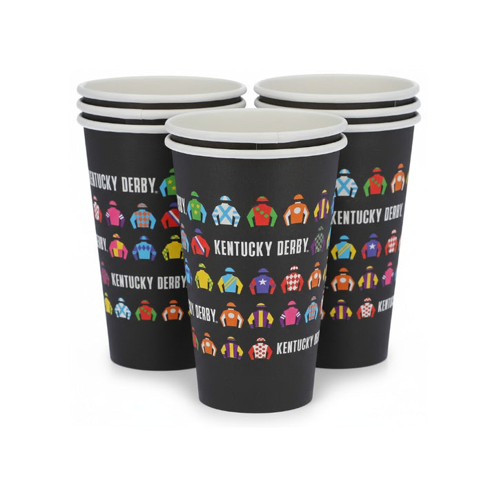 Stack of black paper cups featuring colorful jockey silk patterns and the Kentucky Derby logo.