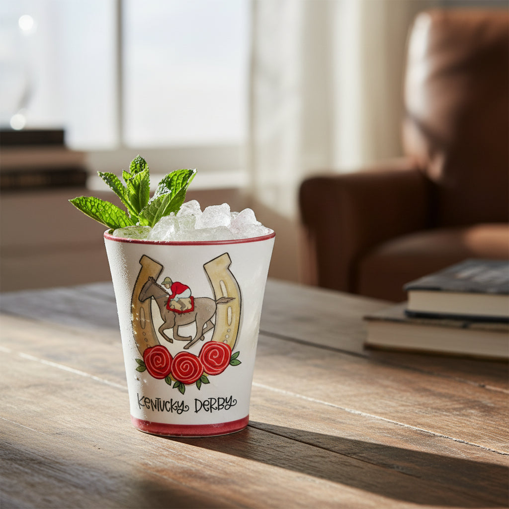 A classic Kentucky Derby Julep Glass filled with a mint julep, garnished with fresh mint and ice, sitting on a wooden table.