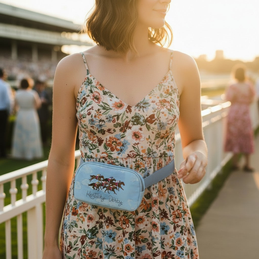 A woman walks through a crowd at Churchill Downs, wearing the Art of the Derby belt bag, with the racetrack and grandstand visible in the background.