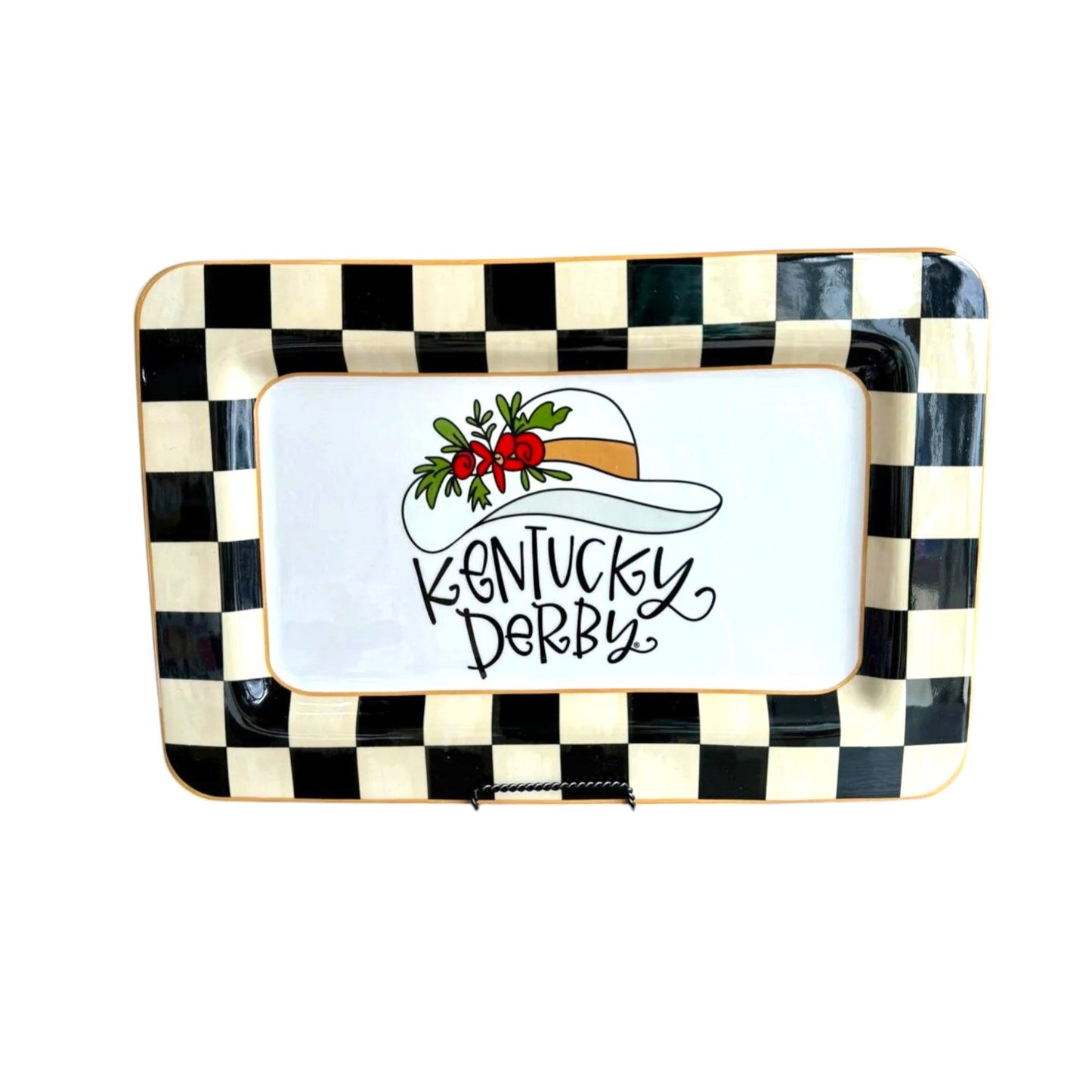 Checkered rectangular plate with a Kentucky Derby design on a white background