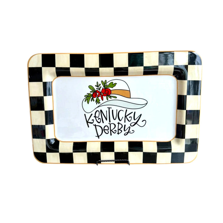 Checkered rectangular plate with a Kentucky Derby design on a white background