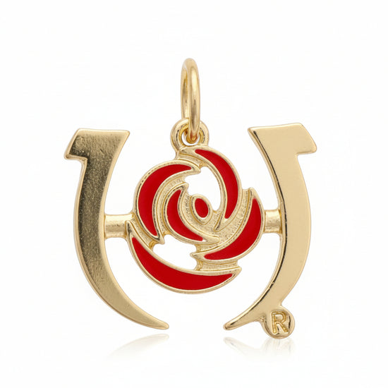 Front view of the shiny gold Kentucky Derby Logo Outline Charm, showcasing the iconic rose and horseshoe silhouette.