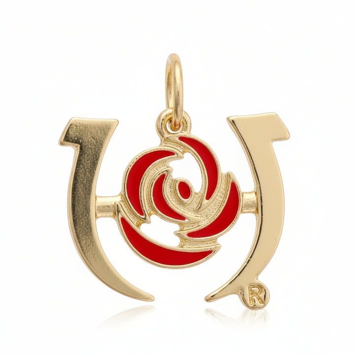 Front view of the shiny gold Kentucky Derby Logo Outline Charm, showcasing the iconic rose and horseshoe silhouette.
