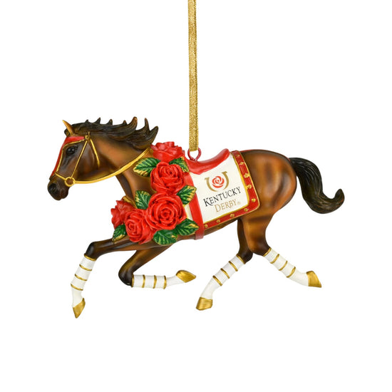 A macro view of the saddle cloth, showing the official Kentucky Derby logo and hand-painted details.