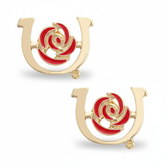 A pair of the shiny gold Kentucky Derby Logo Outline Stud Earrings against a clean white background.