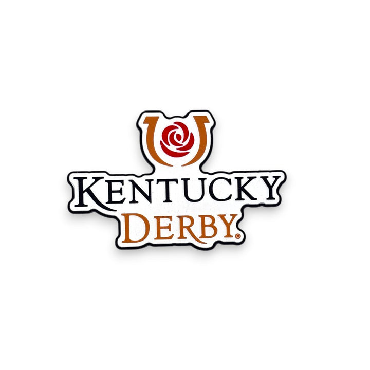 Kentucky Derby logo with a rose and horseshoe magnet, on a white background