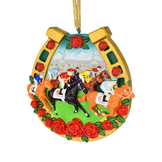 A macro view of the jockeys and horses, showing the detailed painting on their colorful silks.