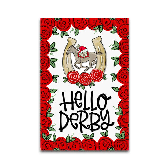 Card with horse and horseshoe design surrounded by red roses and 'Hello Derby' text.