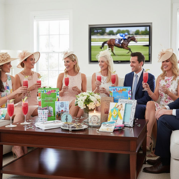 A festive lifestyle scene of a Derby watch party featuring the cocktail mixes, chocolates, and Derby candle.