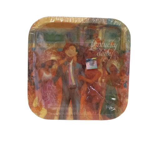 Decorative paper plate with Kentucky Derby theme featuring people and horses.