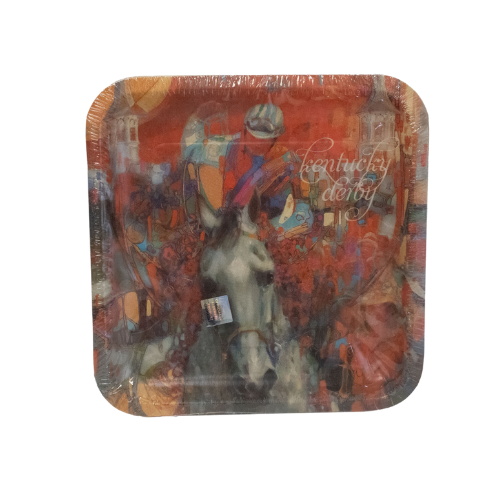 Decorative tray with artistic design and 'Kentucky Derby' text on a white background