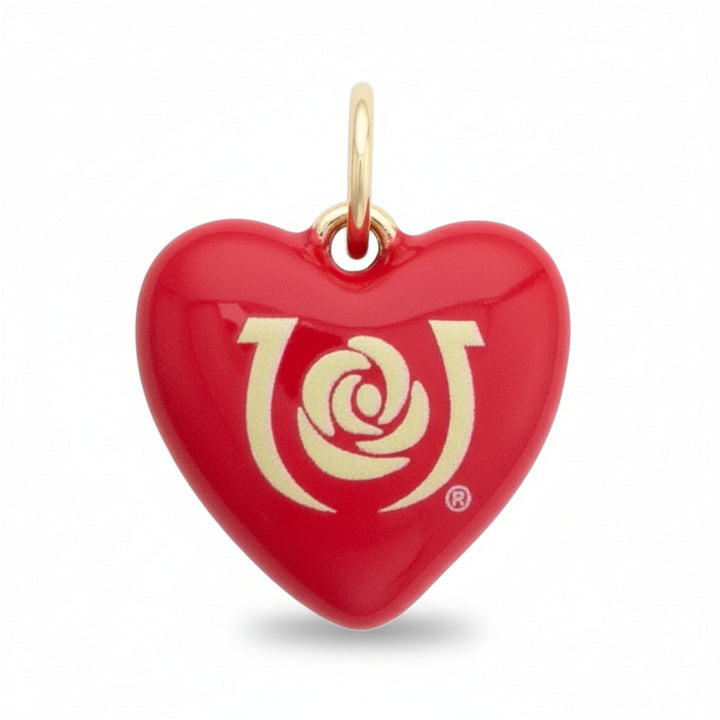 A front view of the standalone Kentucky Derby Enamel Heart Charm in glossy red with the gold colored rose spiral logo.