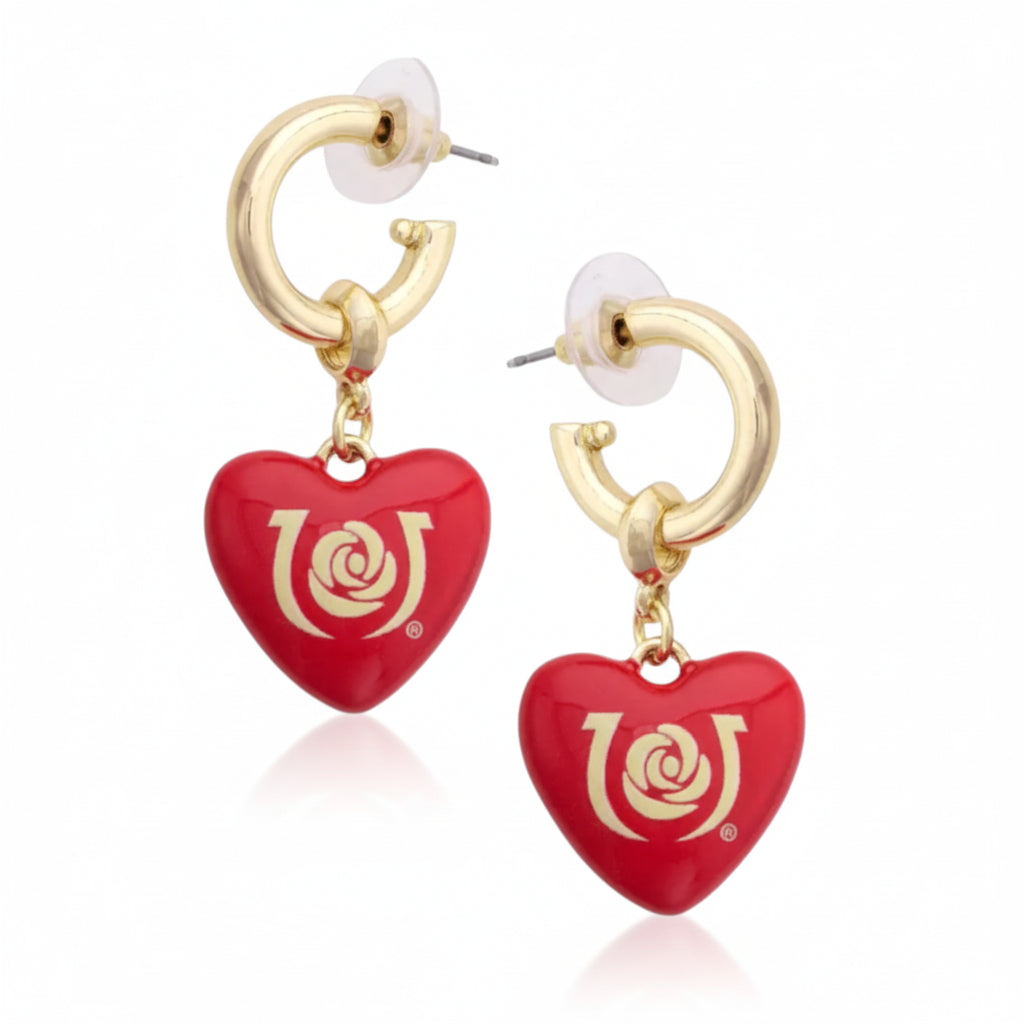 A pair of gold-tone hoop earrings featuring dangling red enamel heart charms celebrating the Kentucky Derby.