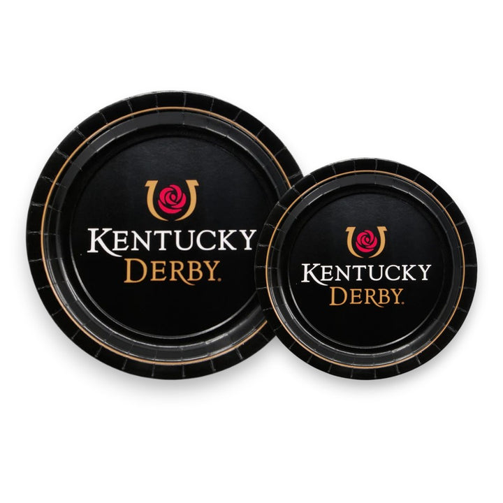 Officially licensed Kentucky Derby paper plates in 7-inch and 9-inch sizes, featuring the Rose and Horseshoe logo on a black background with a gold border.