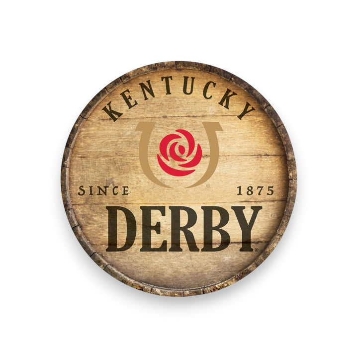 A 14-inch round hardboard wooden sign with a rustic, antique finish featuring Kentucky Derby graphics.