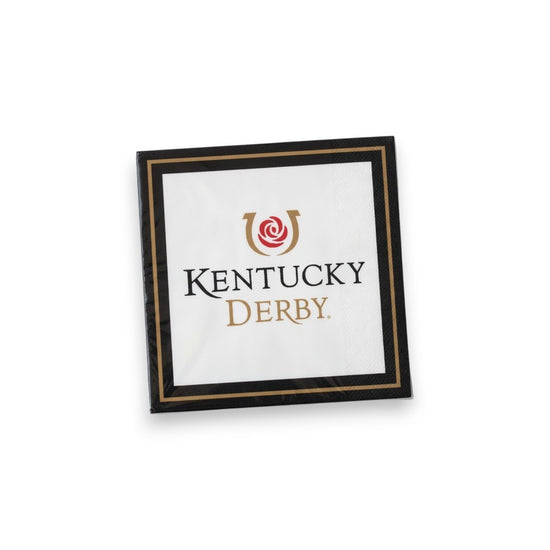 A white paper beverage napkin featuring the official Kentucky Derby gold horseshoe and red rose logo, framed by an elegant black and gold border.