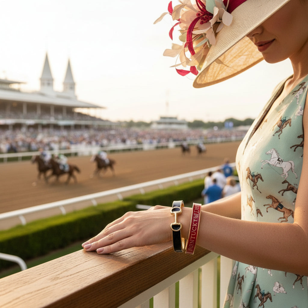 A model wearing the red Kentucky Derby snaffle bit bangle as part of a chic race day outfit.