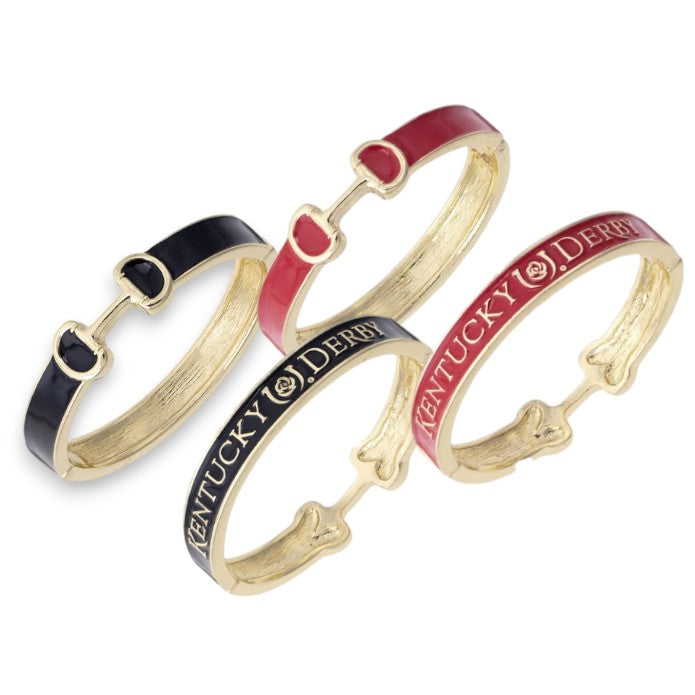  The Kentucky Derby Enamel Snaffle Bit Hinged Bangle shown in both red and black color options.