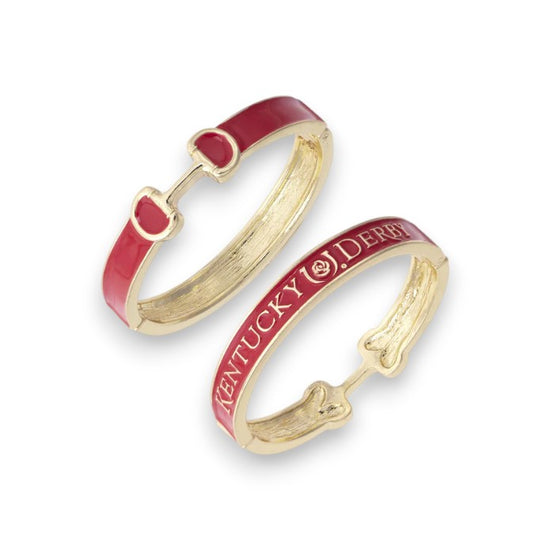 Close-up view of the red enamel snaffle bit bangle, highlighting the gold "Kentucky Derby" text.