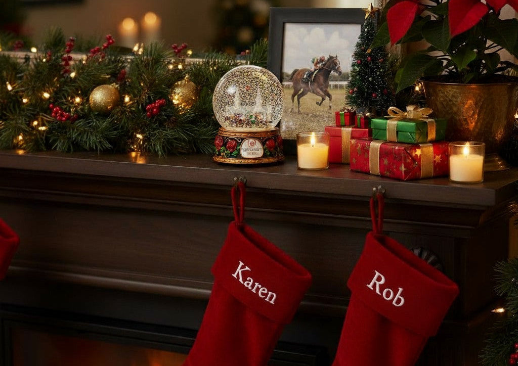 The Kentucky Derby snow globe displayed on a festive holiday mantel next to other decorations.