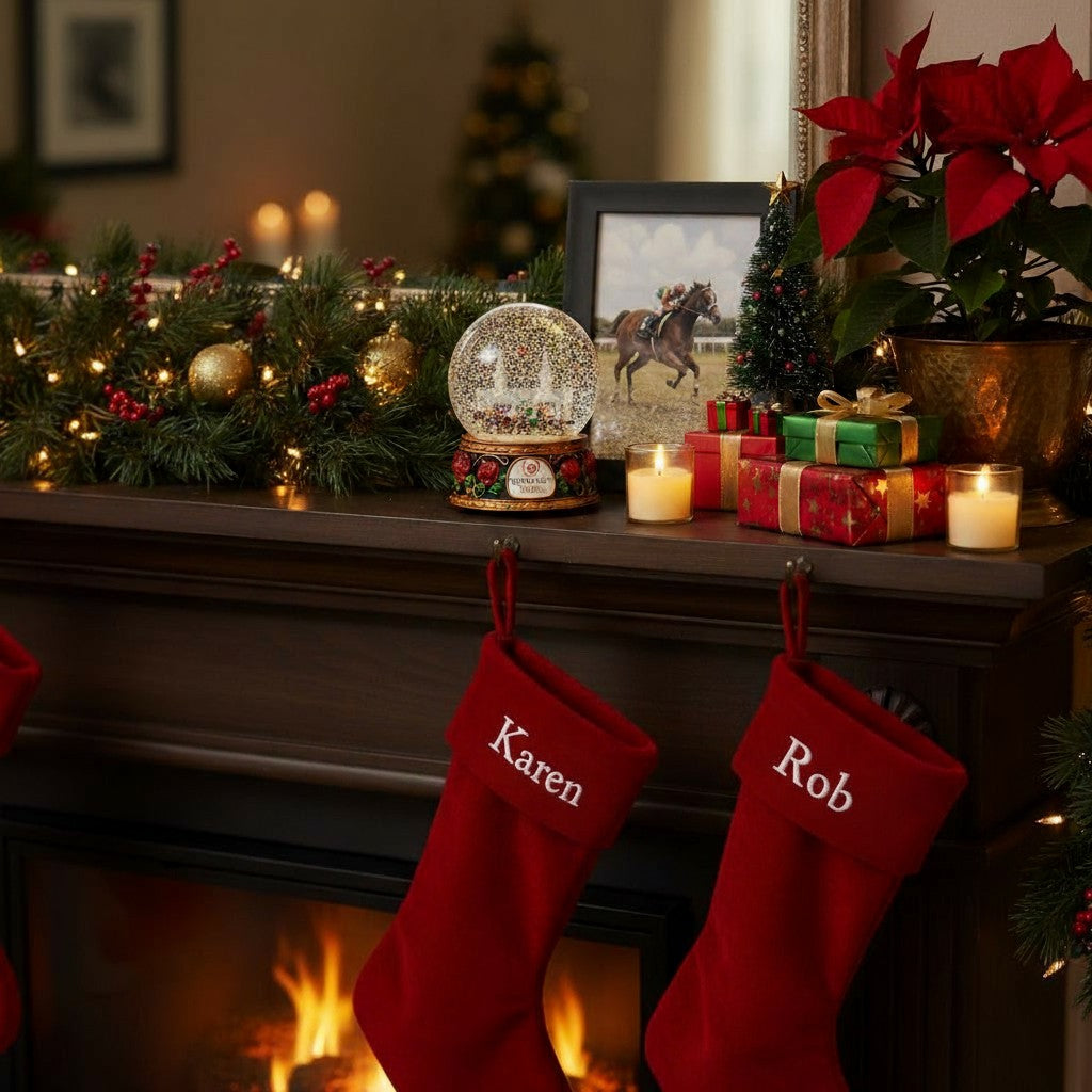 The Kentucky Derby snow globe displayed on a festive holiday mantel next to other decorations.