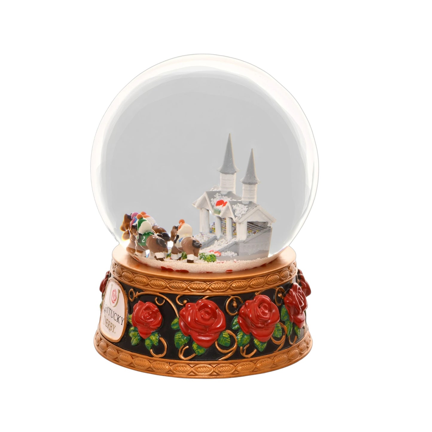 An angled view of the Kentucky Derby snow globe highlighting the iconic Twin Spires architecture.