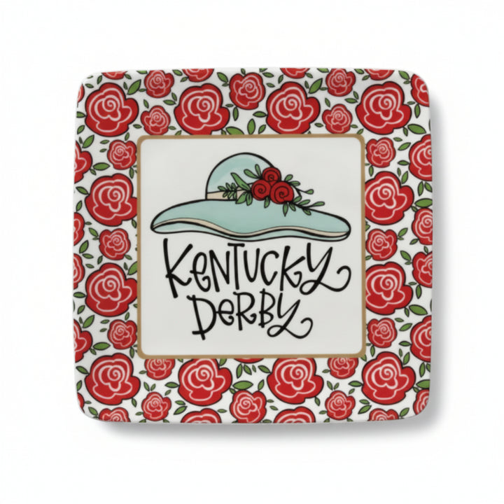 The 8" x 8" Kentucky Derby square plate, showing the red rose border and central design of a Derby hat.