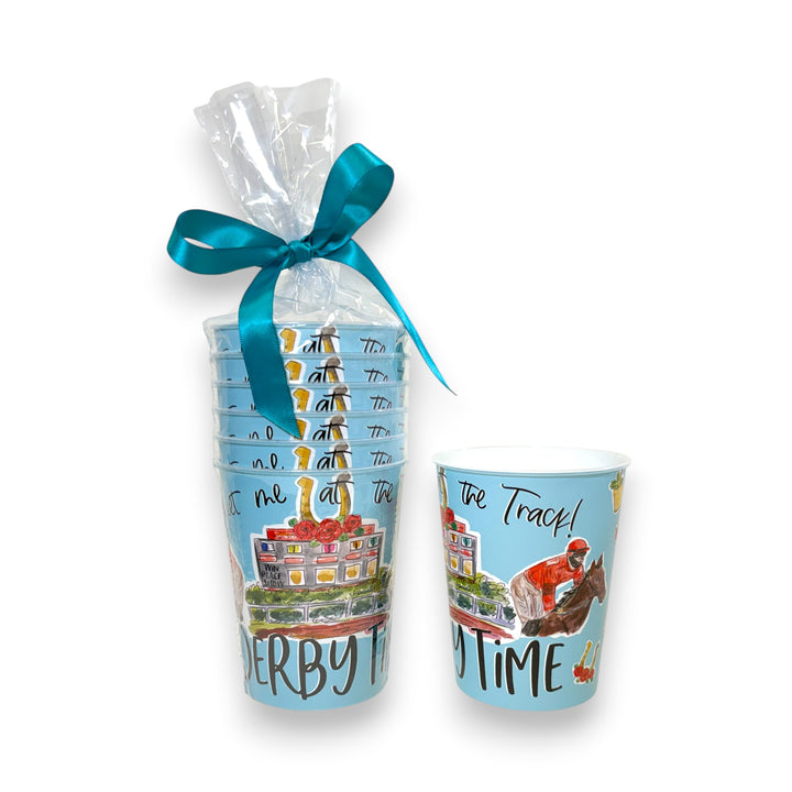 A set of light blue reusable stadium cups with Kentucky Derby race day graphics, with one stack packaged in a clear bag with a teal ribbon and a single cup displayed in front.