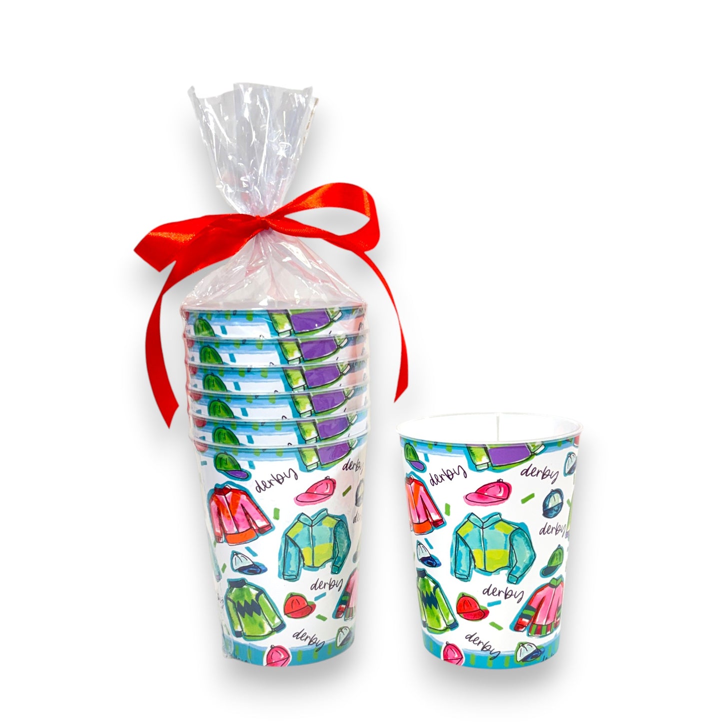 Set of six white reusable stadium cups featuring colorful Kentucky Derby equestrian graphics and jockey silks.