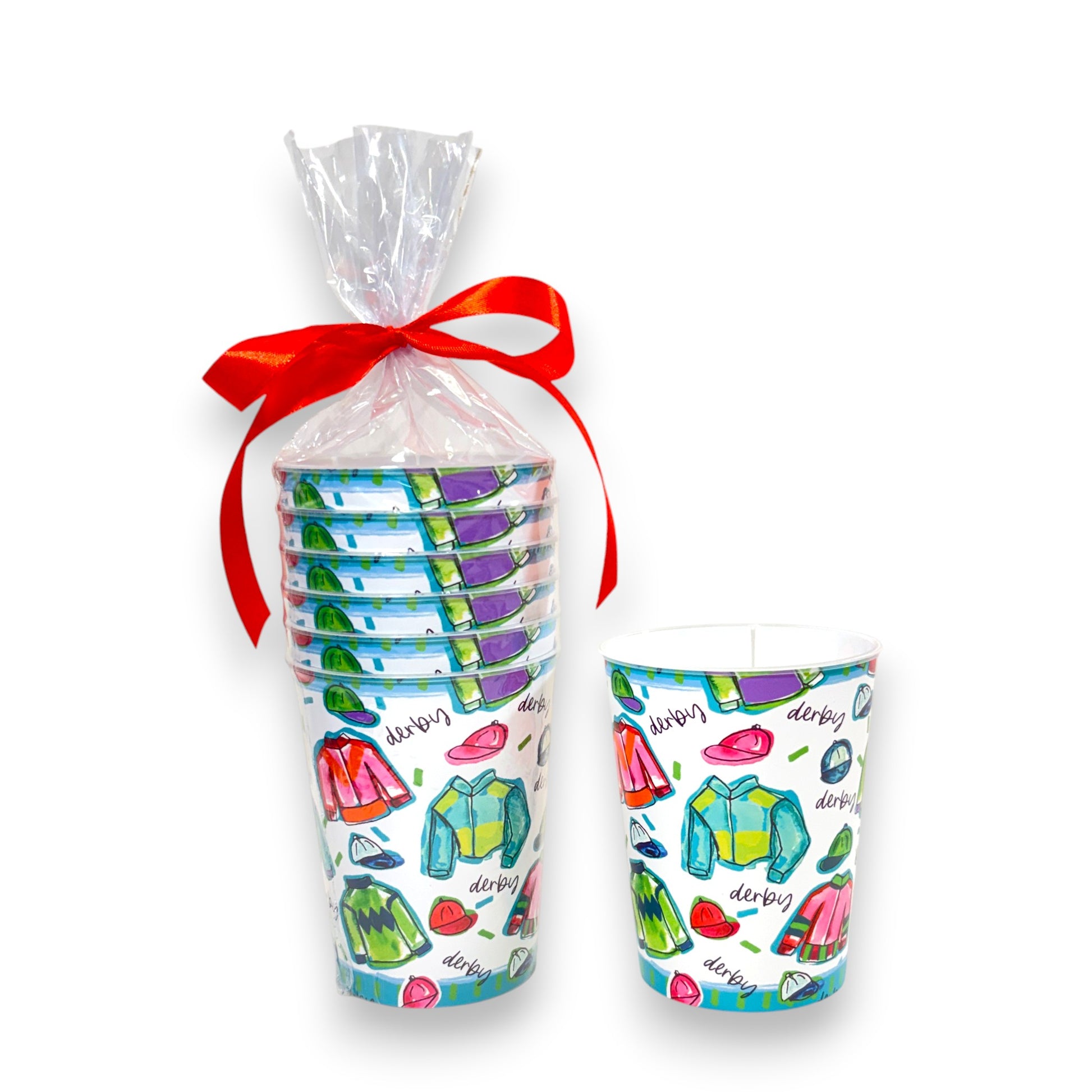 Set of six white reusable stadium cups featuring colorful Kentucky Derby equestrian graphics and jockey silks.
