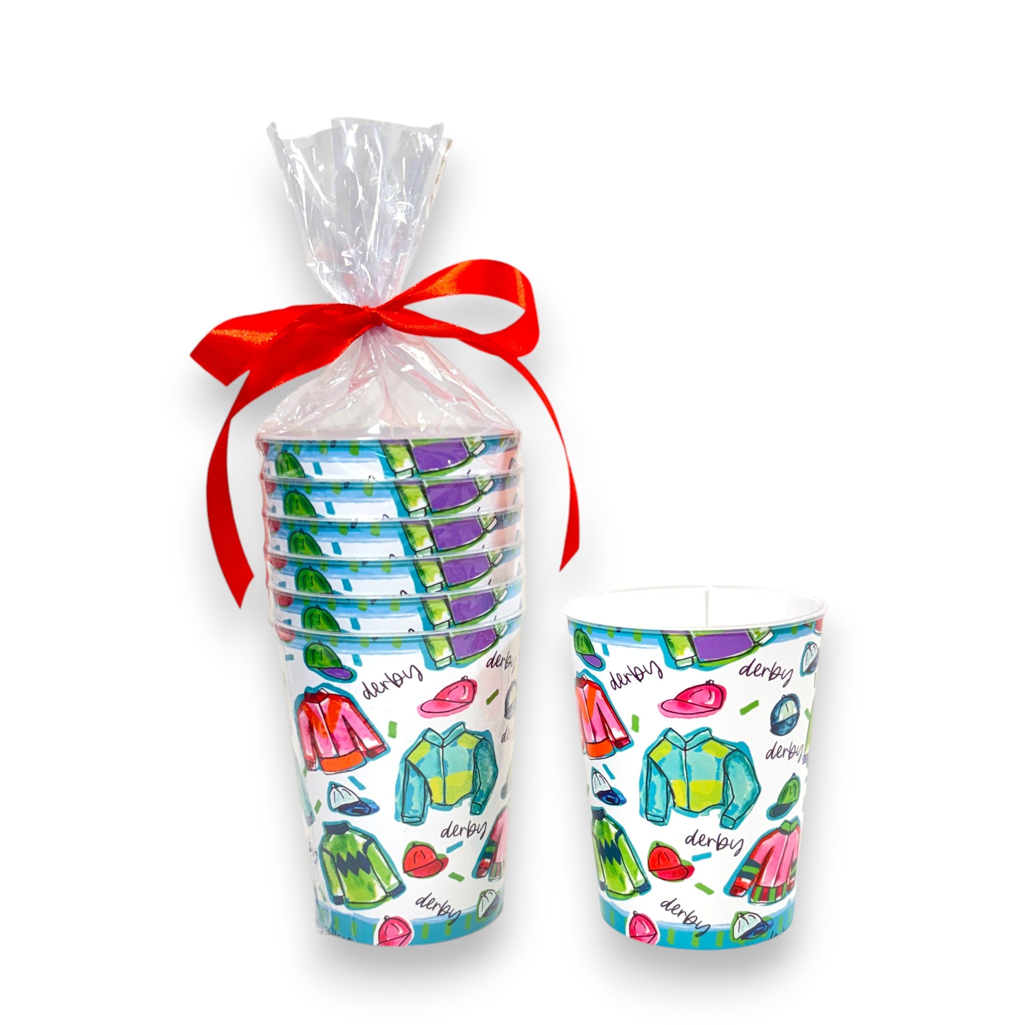Set of six white reusable stadium cups featuring colorful Kentucky Derby equestrian graphics and jockey silks.