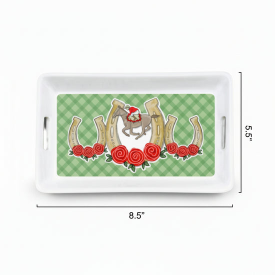 Decorative tray with horseshoe design and measurements on a white background