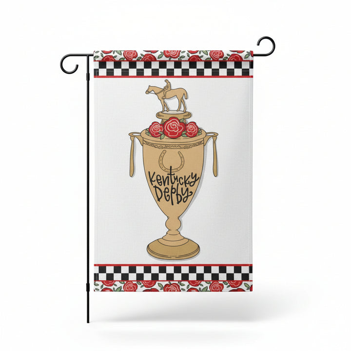 The Kentucky Derby Cup Garden Flag showing the central trophy design with rose and checkered borders.