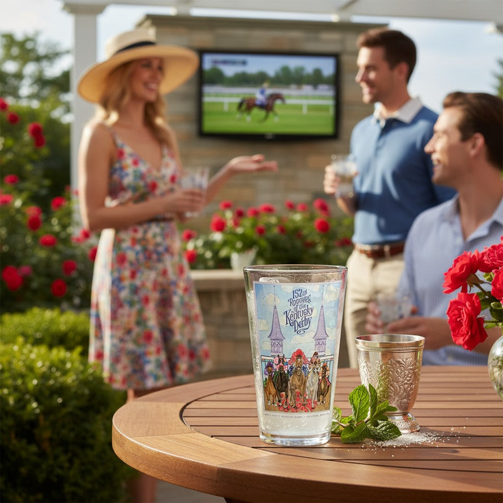 A festive outdoor patio scene showing friends enjoying a Kentucky Derby watch party, featuring the 152nd commemorative pint glass and a silver julep cup on a wooden table.