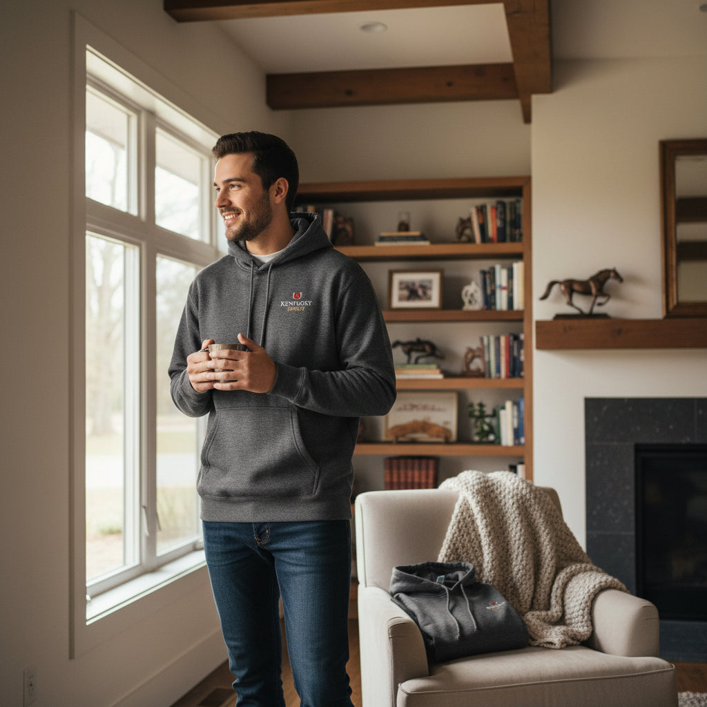 Man in a gray Kentucky Derby hoodie standing by a window in a cozy living room.