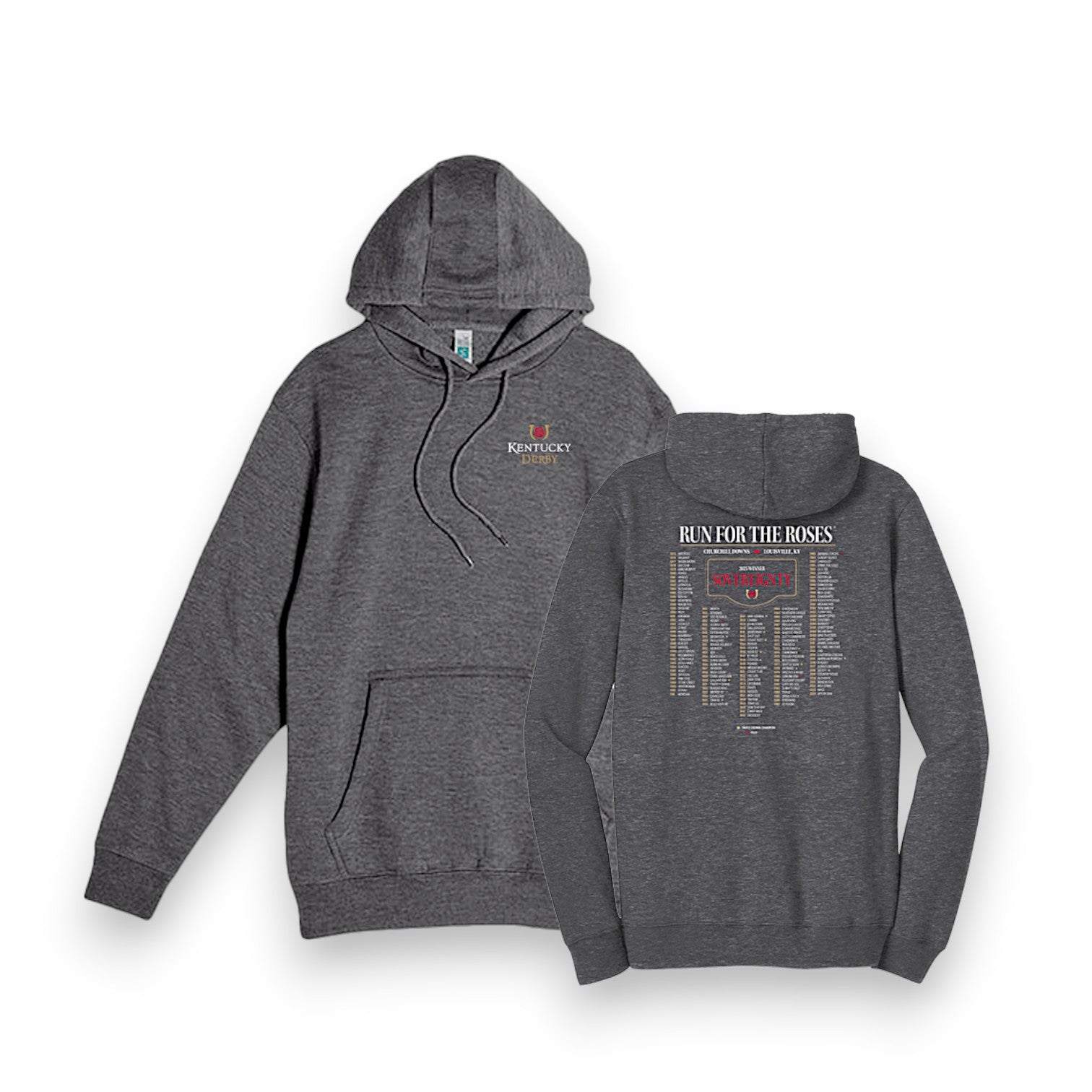 The 2025 Charcoal Heather Kentucky Derby Iconic Winners fleece hoodie showing the chest logo. 