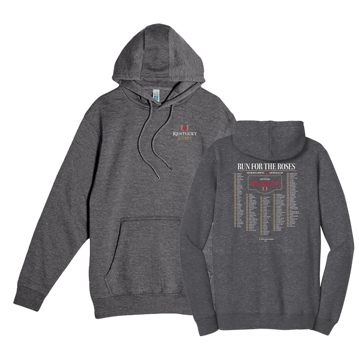 The 2025 Charcoal Heather Kentucky Derby Iconic Winners fleece hoodie showing the chest logo. 