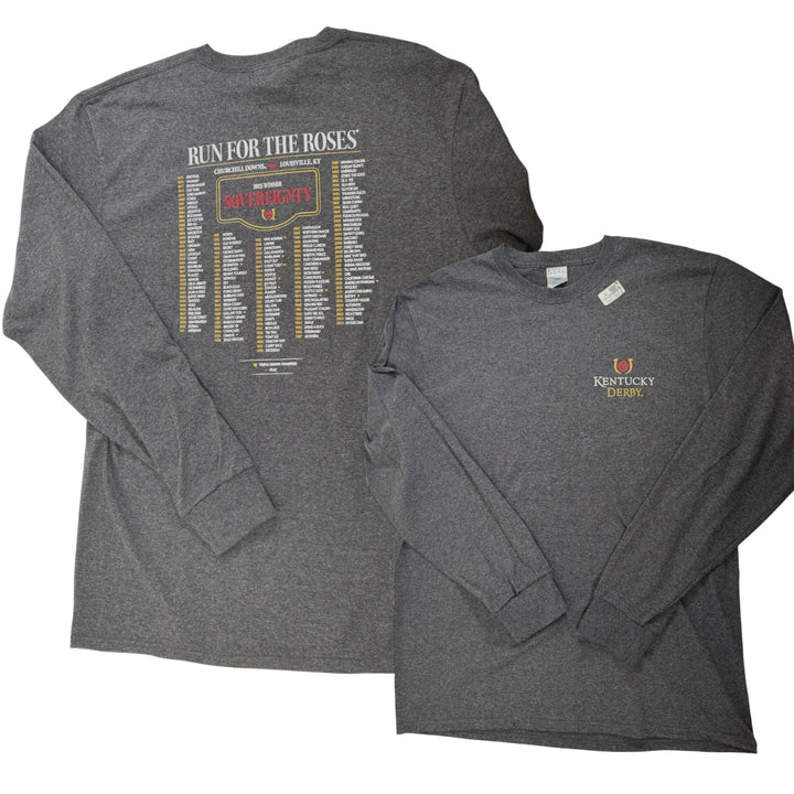 Gray long-sleeve shirt with 'Run for the Roses' graphic on a white background